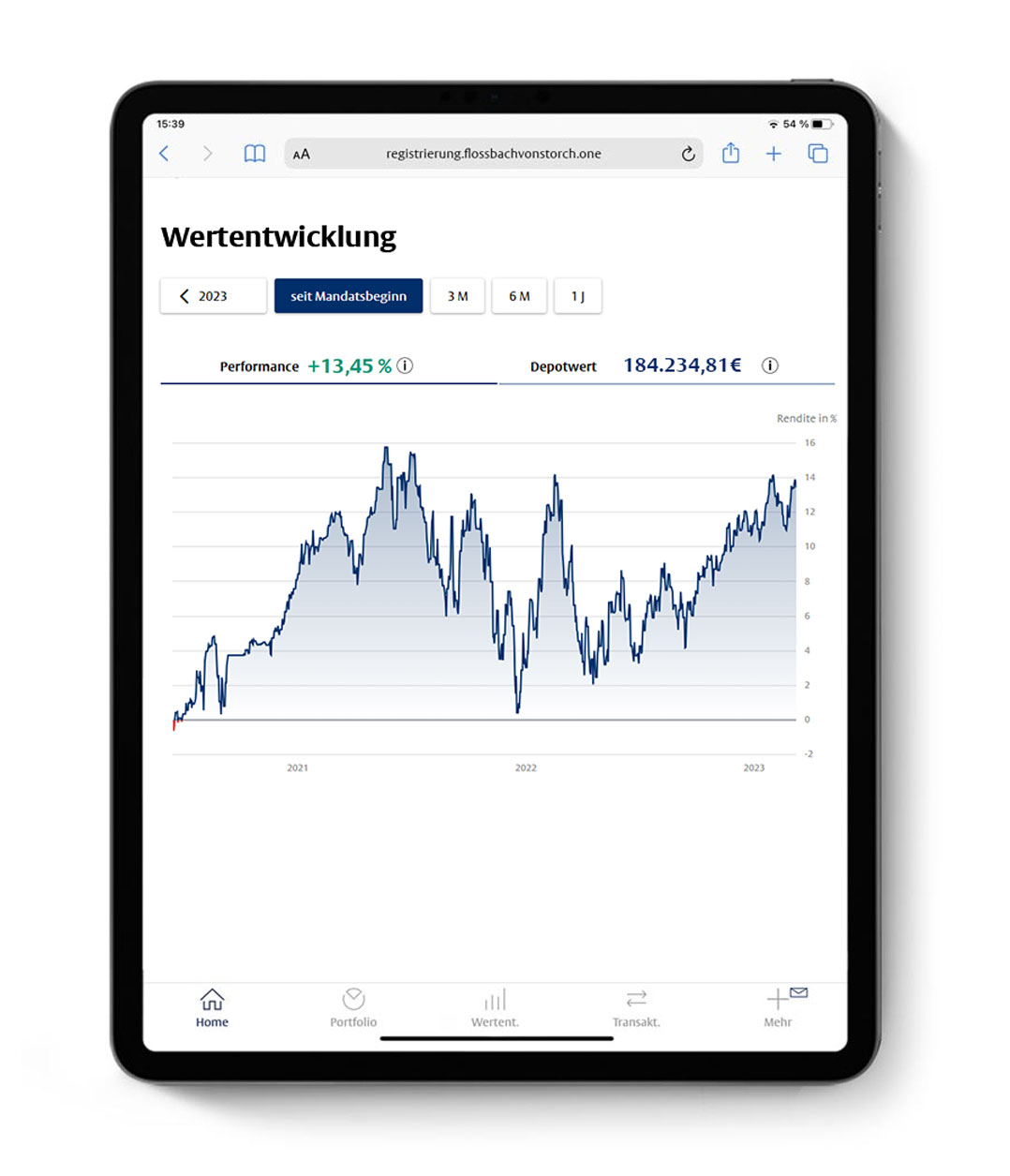 Ipad Ansicht Wertentwicklung des Portfolios in der ONE APP